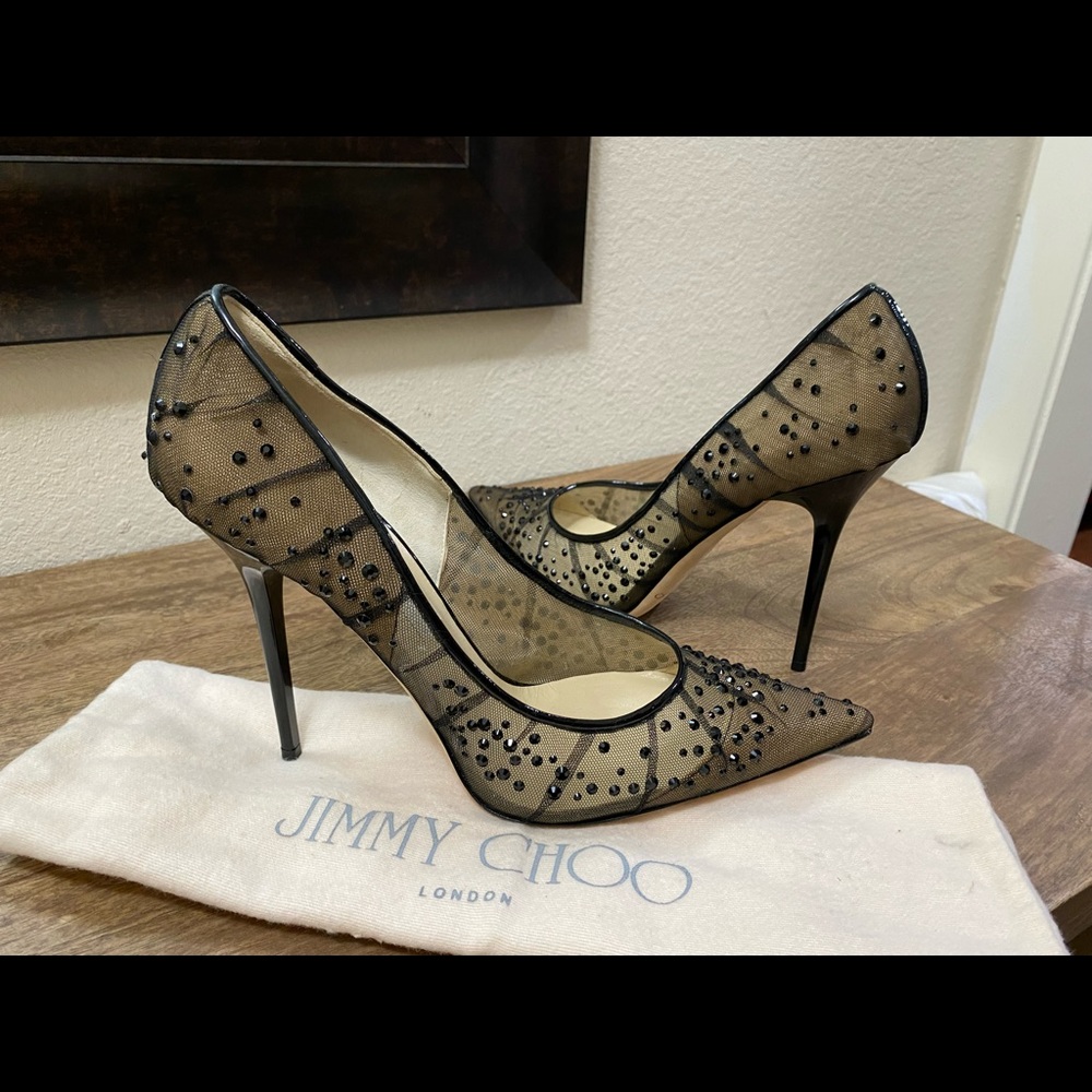 Jimmy Choo Black Crystal Embellished Mesh Kelson Pumps EUR Sz 41 / US Sz 10.5